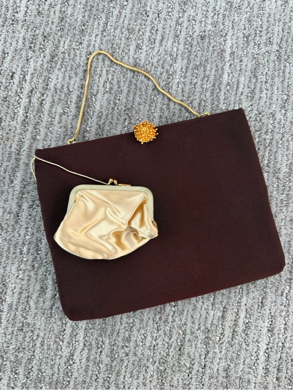 Vintage H.L. USA Brown Velvet Evening Clutch Bag Gold Hardware w/ Coin Purse 60s